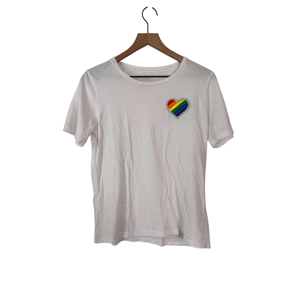 Kate Spade Rainbow Heart T-Shirt White Short Sleeve Crew Neck Top Size Small